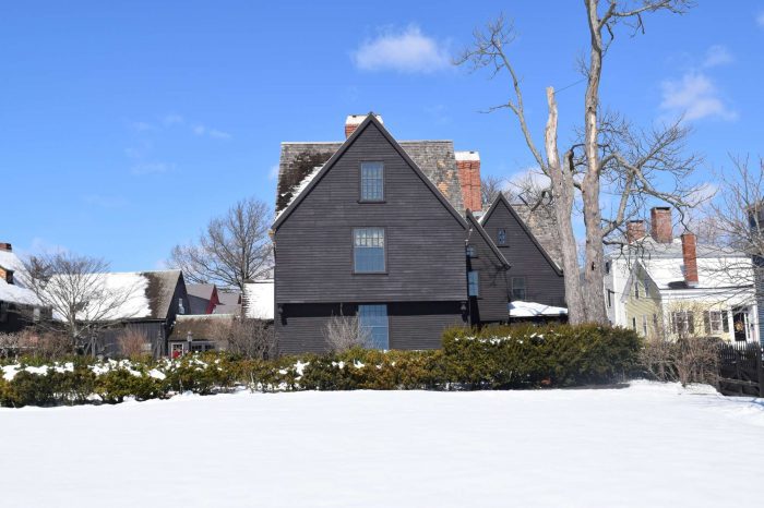 Photo of The House of the Seven Gables and a portion of the lawn with snow taken in 2017.