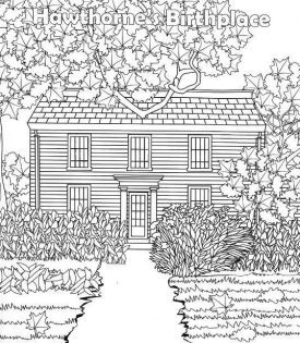 A black and white coloring page of the exterior of the Hawthorne Birthplace house.