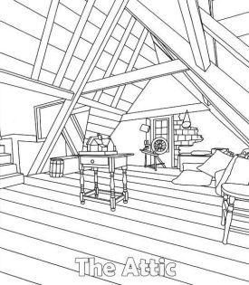 A black and white coloring page of The House of the Seven Gables attic.