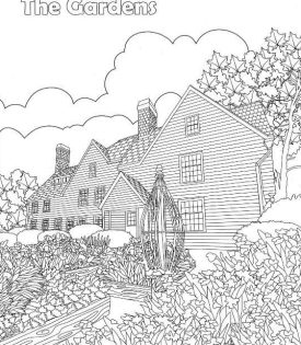 A black and white coloring page of the seaside gardens and The House of the Seven Gables.