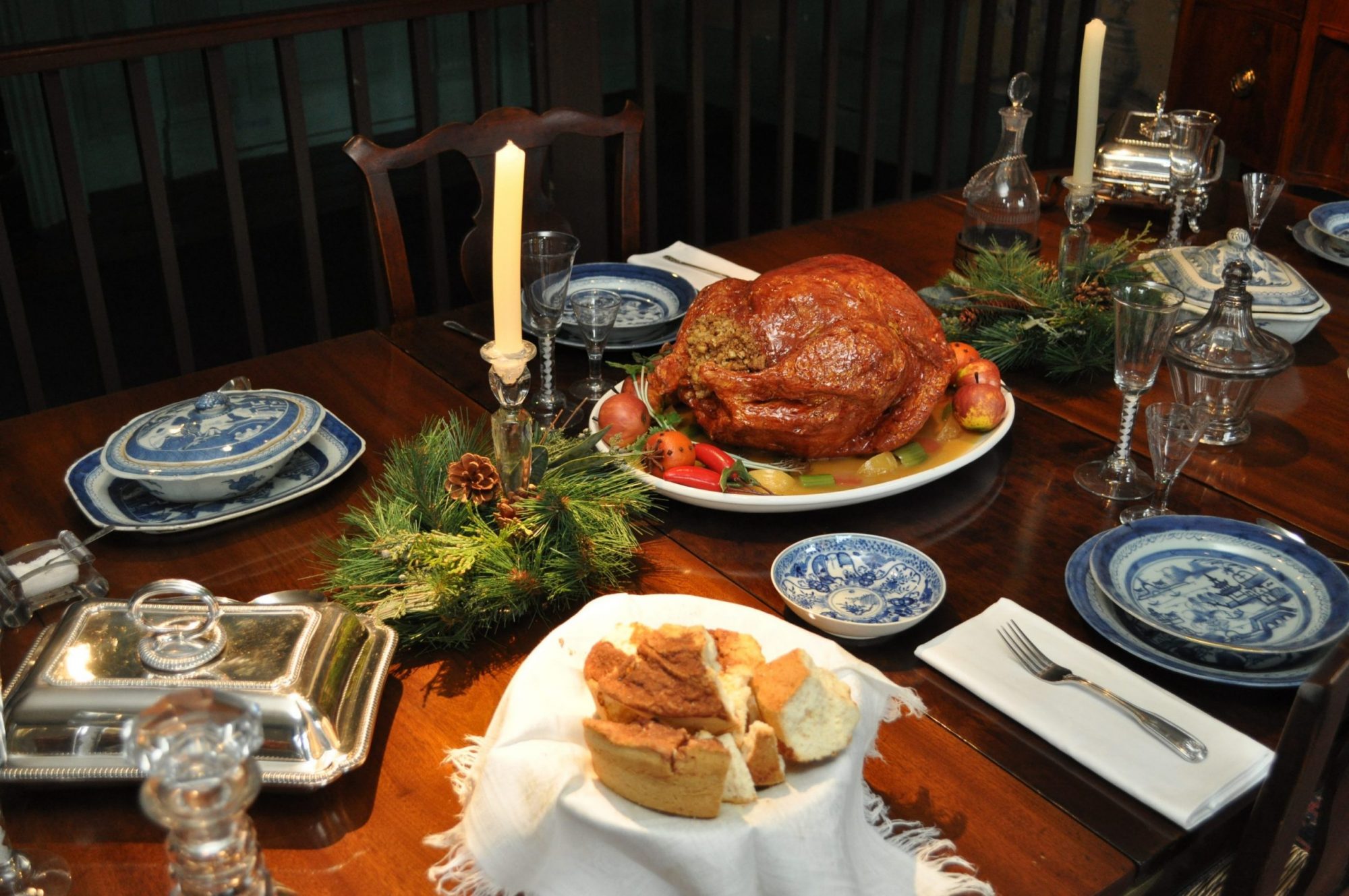 The dining room table in the gables is set for the holidays