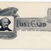 A small black and white drawing of a large house with a porch off the front door. The text next to the image reads: "Greetings from Salem