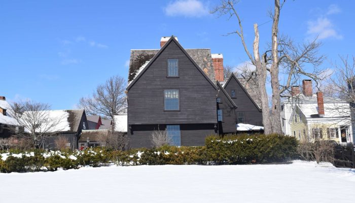 Photo of The House of the Seven Gables and a portion of the lawn with snow taken in 2017.