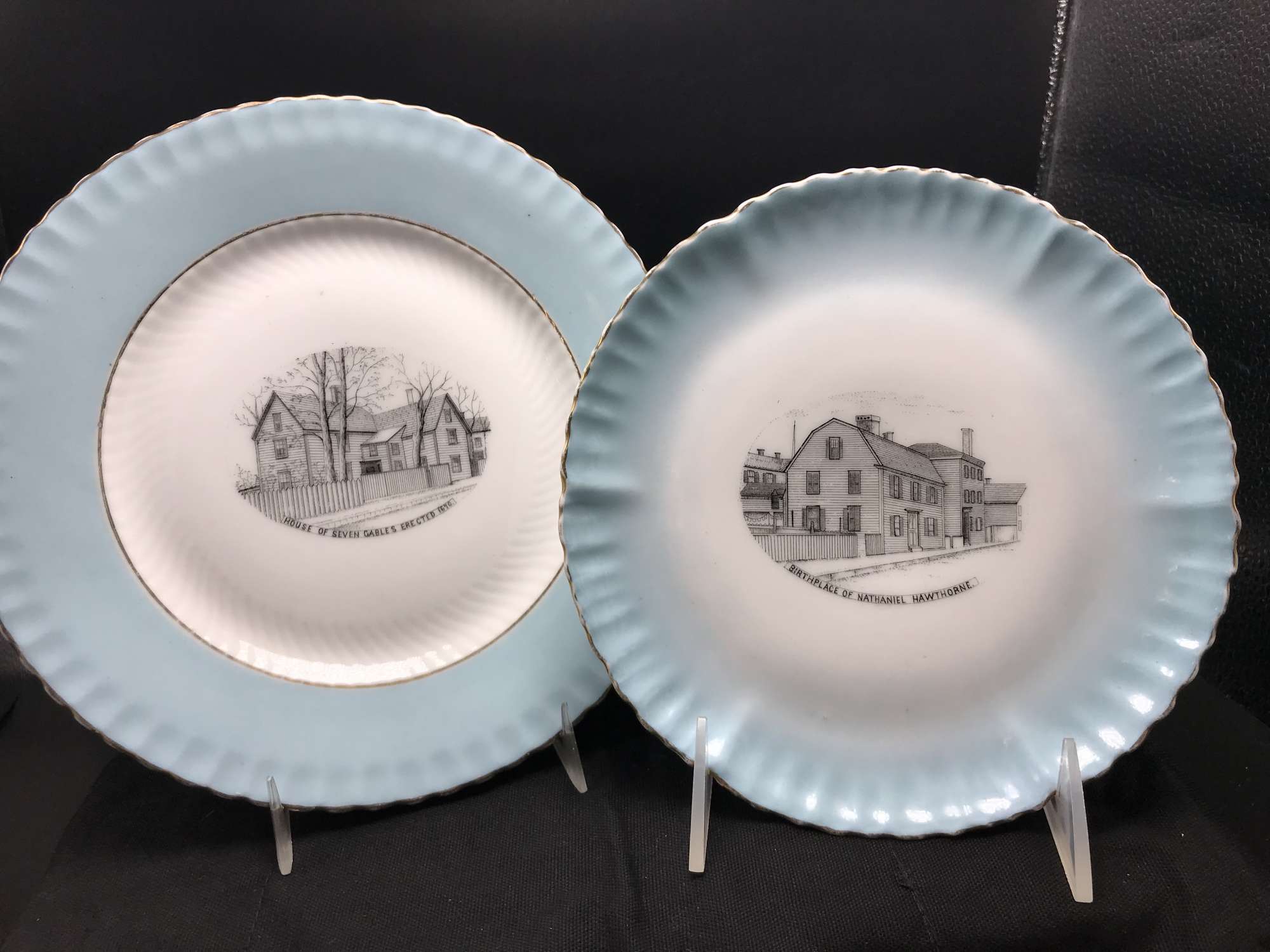 two plates with light blue rims and images of houses printed in black on the center