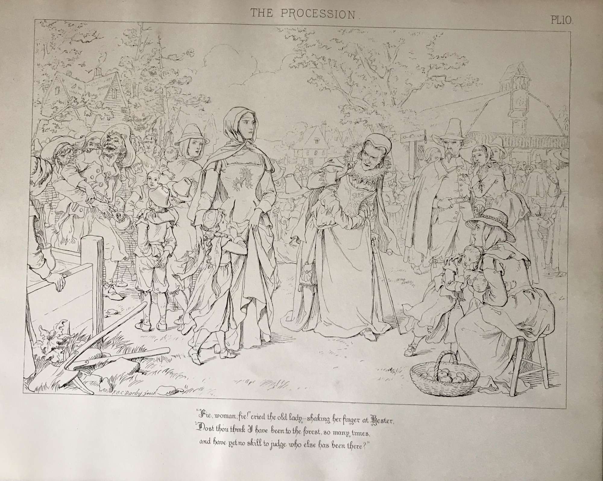 worn book cover with title and author in black and red calligraphy|"Compositions in Outline From Hawthorne's Scarlet Letter" by F.O.C. Darley|illustration of a woman and several men looking pensively at a small girl holding one man's hand|illustration of a woman holding a baby on the front steps of a home