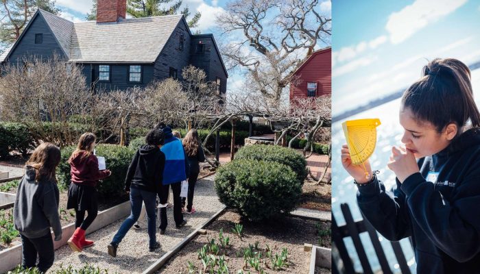 A photo of school children doing a scavenger hunt in the gardens at The Gables with the Hooper-Hathaway House in the background and a photo of a student using a sextant with the seawall fence and ocean in the background