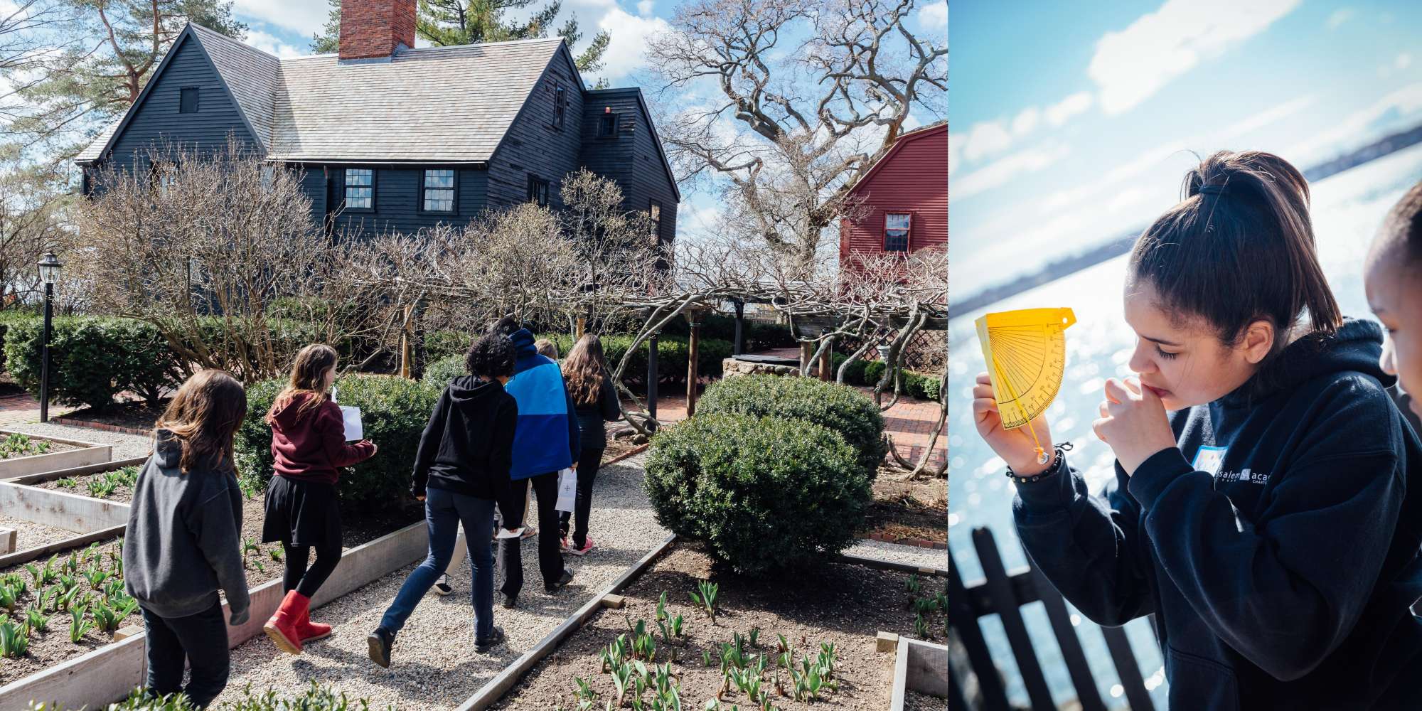 A photo of school children doing a scavenger hunt in the gardens at The Gables with the Hooper-Hathaway House in the background and a photo of a student using a sextant with the seawall fence and ocean in the background