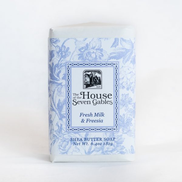 The Fresh Milk and Freesia House of the Seven Gables Soap, packaged in white and blue floral paper.
