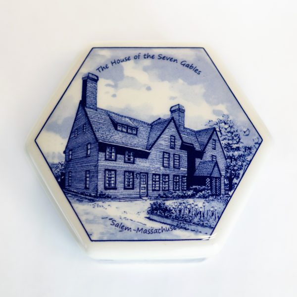 Top view of the delft hexagonal box that has a large image of the House of the Seven Gables.