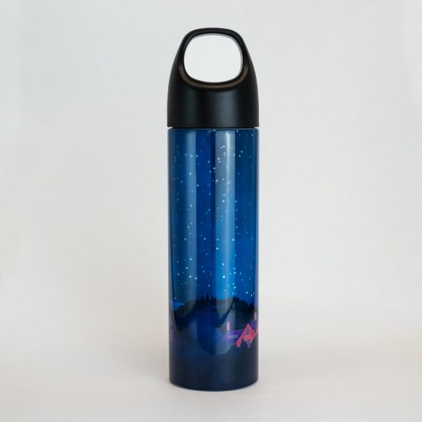 The back of a stainless steel water bottle that depicts a starry night sky with an outline of the city of Salem underneath.
