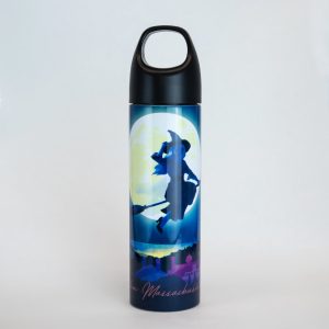 A stainless steel water bottle that depicts the design of a witch flying on a broom over the city of Salem.