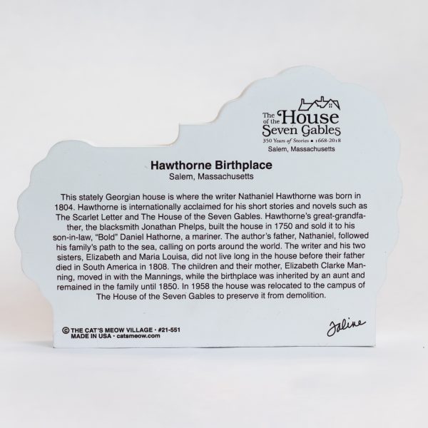 The back of the Cat's Meow model of the Nathaniel Hawthorne Birthplace that provides a written description of its history.
