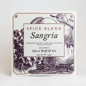 The front of the Sangria spice blend packet. It says "Refreshing Recipe- Wine, Fruit, and Spices. Spice bag included."