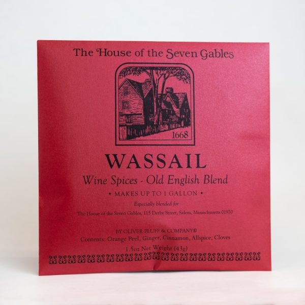 The front of the Wassail Wine Spices packet. It features an image of the House of the Seven Gables across the front.