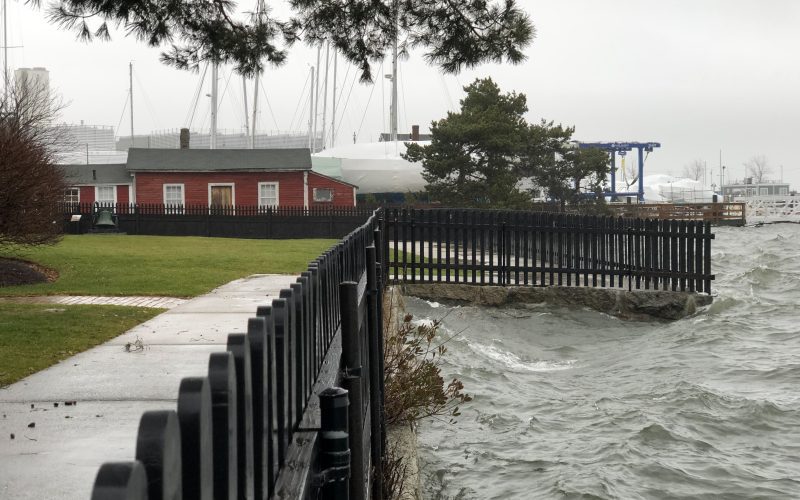 View of the Gables' lawn and the ocean at an extremely high tide taken from the Counting House, looking towards Turner street.