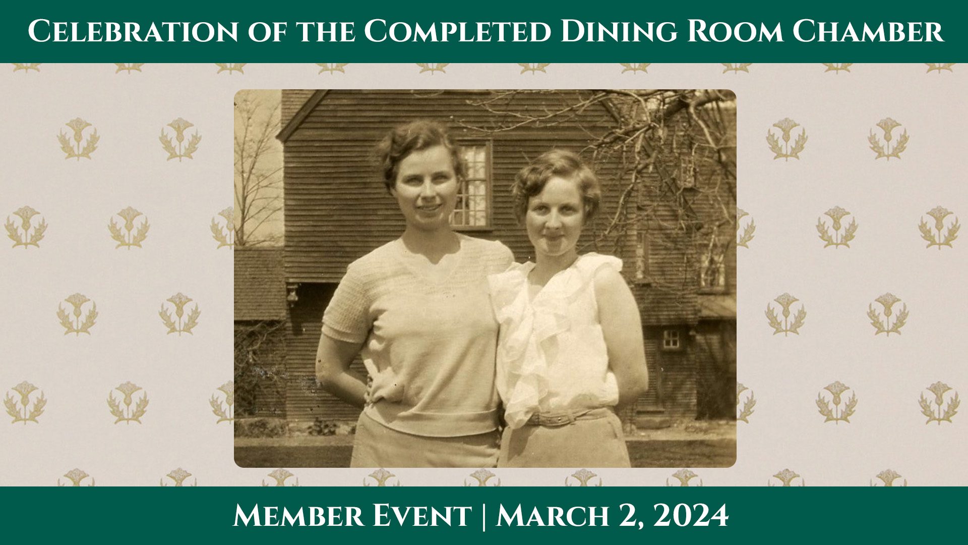 Two white women stand in front of The House of the Seven Gables in a vintage, sepia toned black and white photograph.