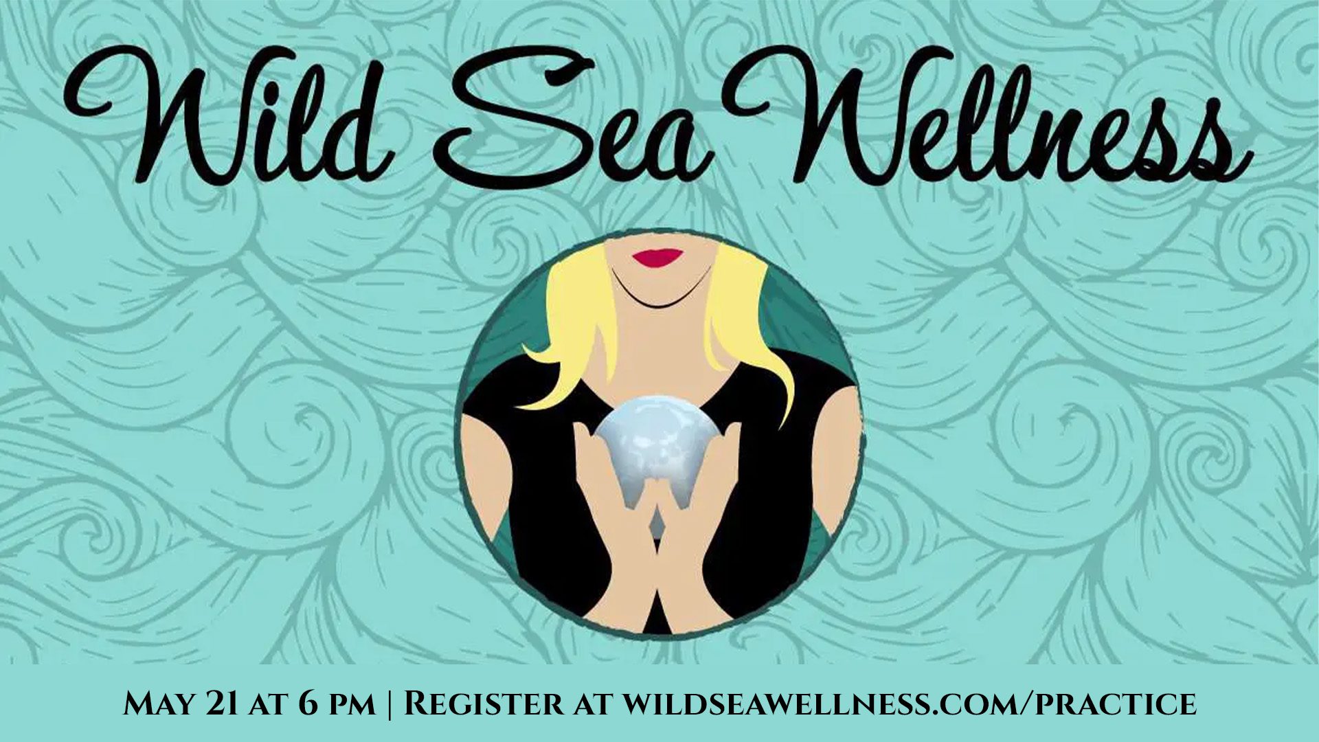 Illustrated white woman holding iridescent crystal ball in front of a teal, patterned background.