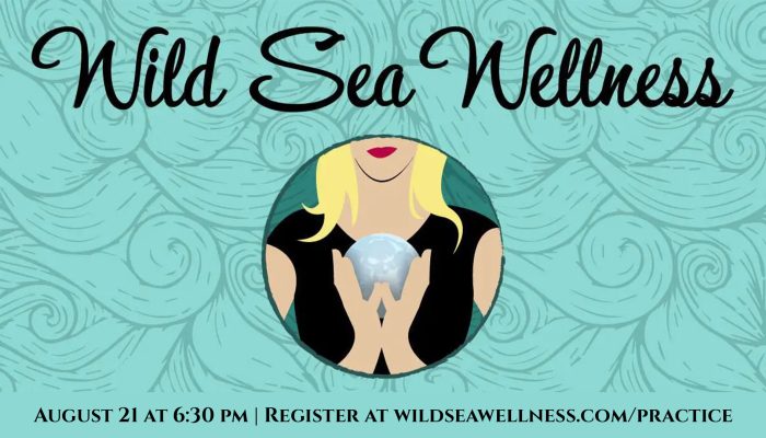 Illustrated white woman holding iridescent crystal ball in front of a teal, patterned background.