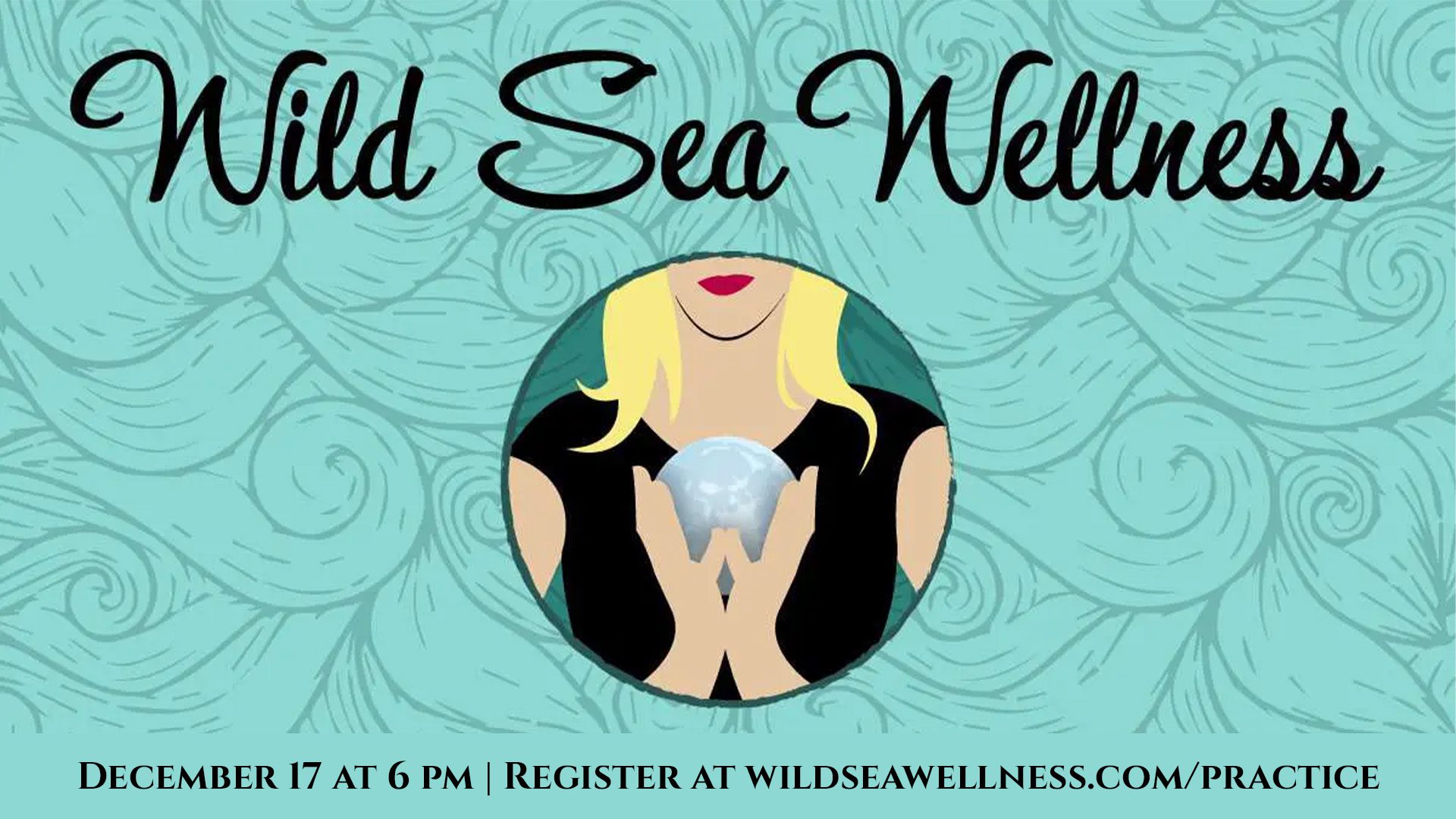 Illustrated white woman holding iridescent crystal ball in front of a teal, patterned background.